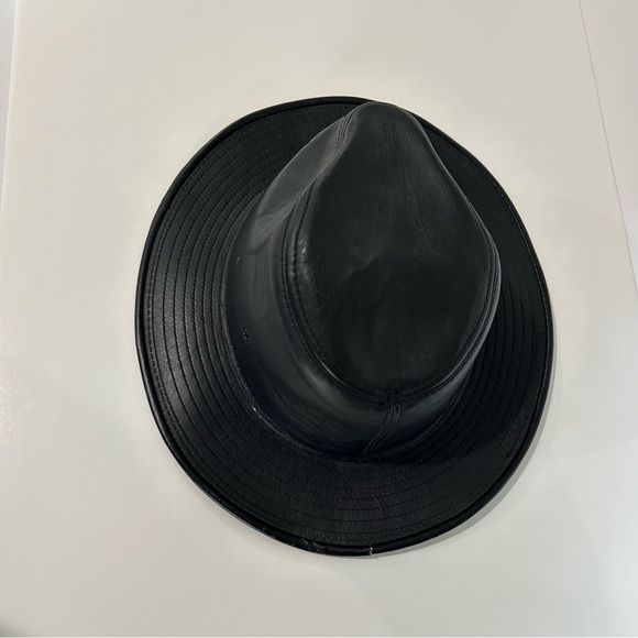 VINTAGE HENSCHEL BLACK LEATHER FEDORA HAT SIZE M - Picture 4 of 8